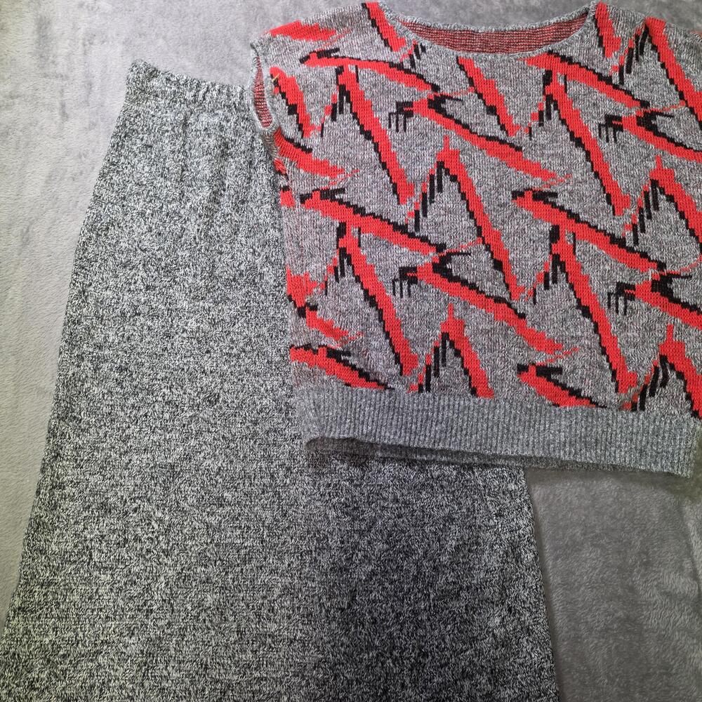 Vintage Sweater Skirt Set Womens Large Gray Geometric 2 Piece Short Sleeve USA